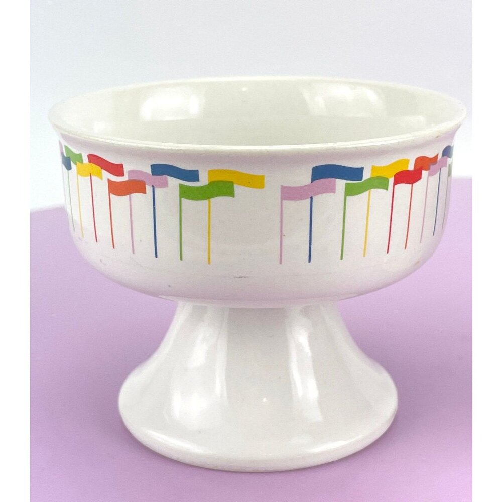 Vintage 80s dessert cups, Korea ceramic footed bowls, primary colors flags, pair - Picture 6 of 9